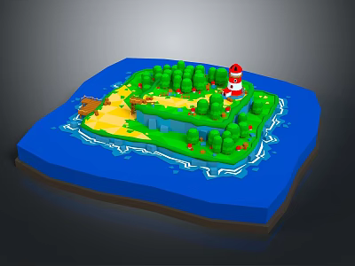 Cartoon Island Scenery With Red White Lighthouse Green Trees Sandy Beach And Blue Water 3d model