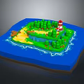 Cartoon Island Scenery With Red White Lighthouse Green Trees Sandy Beach And Blue Water