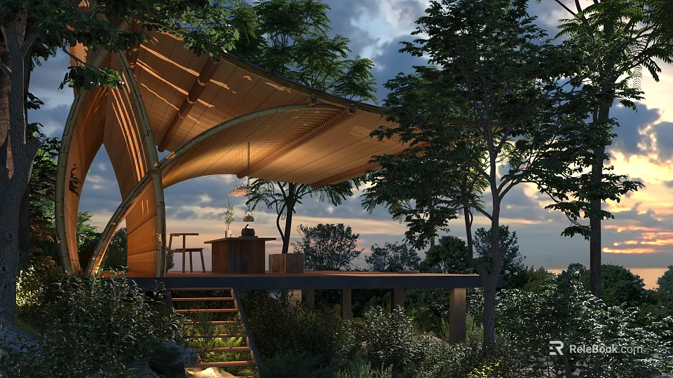 Outdoor Wooden Structure With Canopy Roof Stairs And Deck Surrounded By Trees And Evening Sky 3d model 