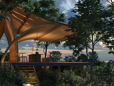 Outdoor Wooden Structure With Canopy Roof Stairs And Deck Surrounded By Trees And Evening Sky 3d model