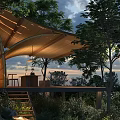 Outdoor Wooden Structure With Canopy Roof Stairs And Deck Surrounded By Trees And Evening Sky