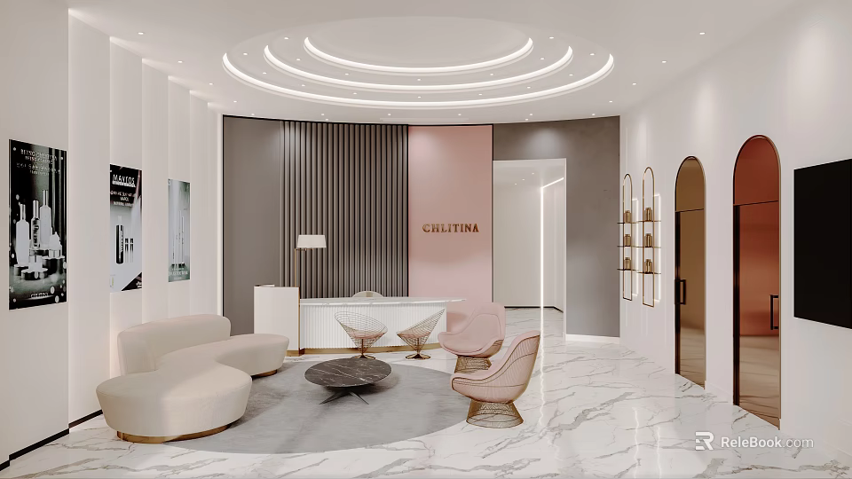 Elegant Modern Beauty Hair Salon With Marble Floor Light Sofa Curved Ceiling And Reception Desk 3d model 
