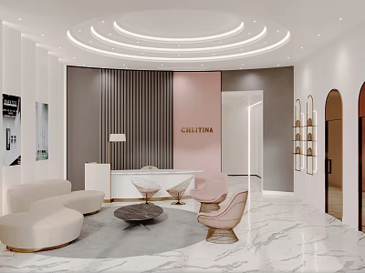 Elegant Modern Beauty Hair Salon With Marble Floor Light Sofa Curved Ceiling And Reception Desk 3d model