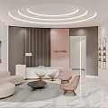 Elegant Modern Beauty Hair Salon With Marble Floor Light Sofa Curved Ceiling And Reception Desk
