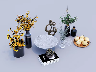 Elegant Decorative Ornament Combination with Yellow Flowers Metal Notes Green Plants Pear and CHANEL Book 3d model