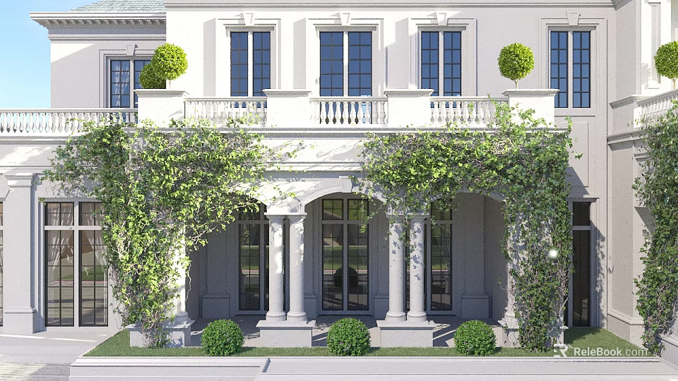 Lush Green Vines Covering White Building Exterior With Columns Archway And Trimmed Shrubs 3d model 