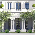 Lush Green Vines Covering White Building Exterior With Columns Archway And Trimmed Shrubs