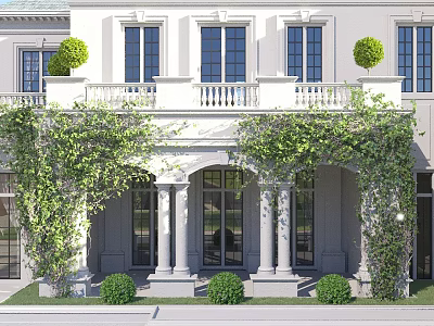 Lush Green Vines Covering White Building Exterior With Columns Archway And Trimmed Shrubs 3d model