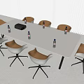 Modern White Conference Table With Brown Leather Chairs Water Bottles And Black Device