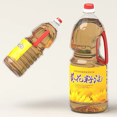 Sunflower Seed Oil Bottles With Yellow Labels And Sunflower Design Elements 3d model