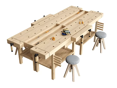 Wooden Table and Stool Set With Gray Seats Holes Tools and Lower Shelves Design 3d model