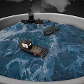 Cartoon Scene Inside White Cup With Blue Ocean Small Boat Dolphin And Lighthouse Under Clouds