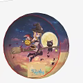 Anime Witch Character With Pumpkin Lantern Broom And Black Cat