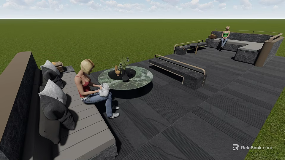 Landscape Sculpture in Outdoor Leisure Area with Seating Green Plants and Natural View 3d model 