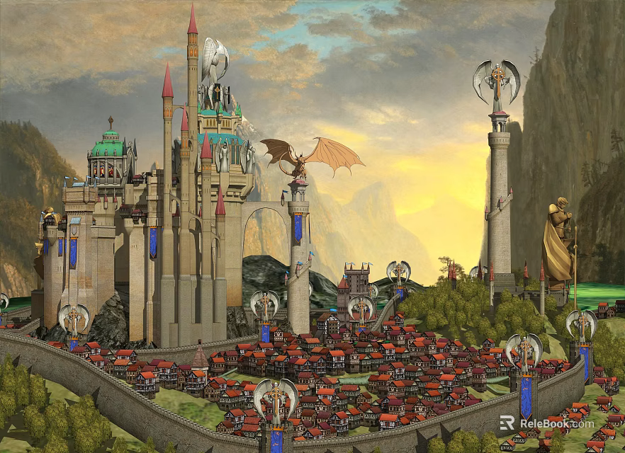 Ancient Architecture of Medieval Castle with Intricate Towers Spires and Dragon Over Mountain Sunset 3d model 