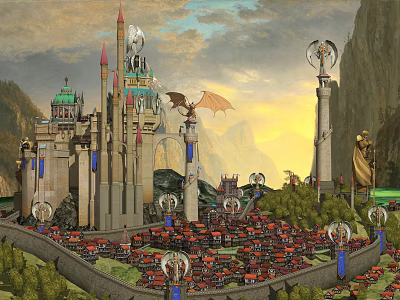 Ancient Architecture of Medieval Castle with Intricate Towers Spires and Dragon Over Mountain Sunset 3d model