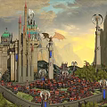 Ancient Architecture of Medieval Castle with Intricate Towers Spires and Dragon Over Mountain Sunset
