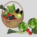 Fresh Vegetables in Wicker Basket with Cabbages Tomatoes Broccoli and Leeks on White Background