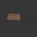 Industrial Railway Building Structure With Rusty Mine Cart On Track And Glowing Sphere