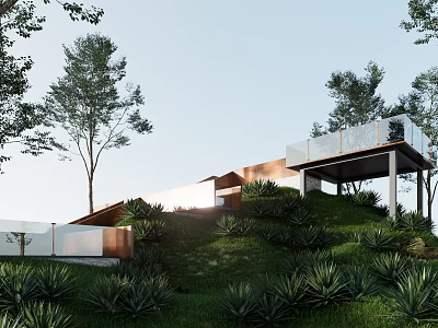 Modern Hillside House Exterior With Open Terrace And Lush Greenery 3d model