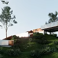Modern Hillside House Exterior With Open Terrace And Lush Greenery