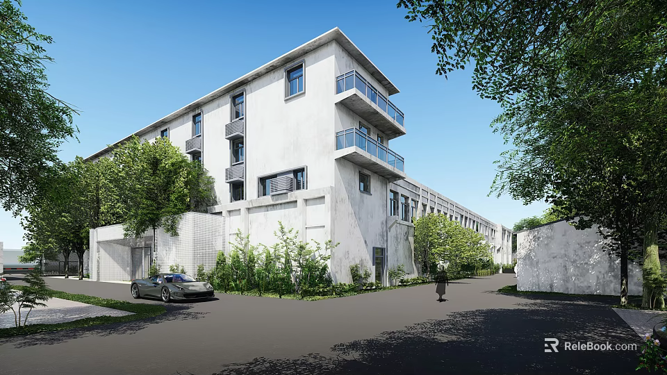 Modern Industrial Factory Building Exterior With Concrete Walls Balconies Trees Road Car And Pedestrian 3d model 