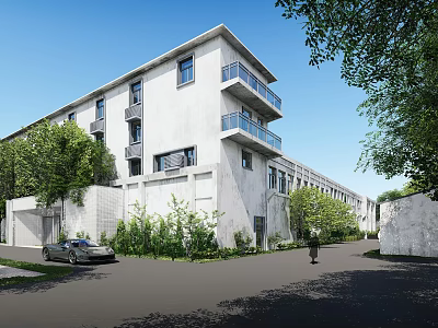 Modern Industrial Factory Building Exterior With Concrete Walls Balconies Trees Road Car And Pedestrian 3d model