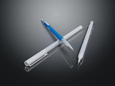 Modern Blue And White Ballpoint Pens On Dark Background With Reflections 3d model