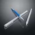 Modern Blue And White Ballpoint Pens On Dark Background With Reflections