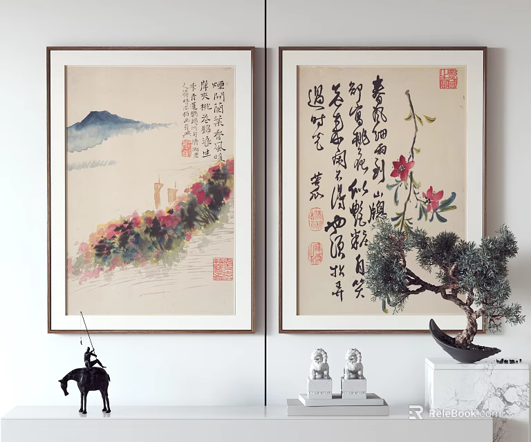 Traditional Chinese Calligraphy Paintings With Decorative Figurines And Bonsai Tree 3d model 