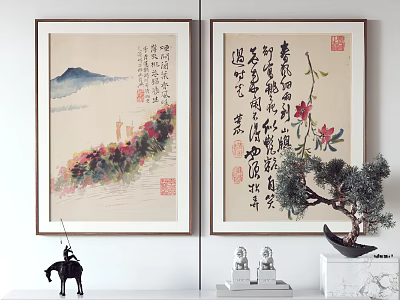 Traditional Chinese Calligraphy Paintings With Decorative Figurines And Bonsai Tree 3d model