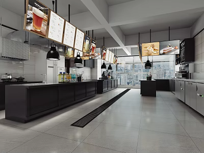 Commercial Kitchen Interior Design Featuring Hanging Menu Boards Counter And Lighting Fixtures 3d model