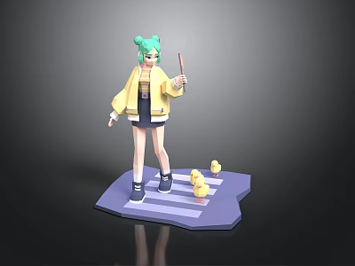 3D Character Model With Green Hair Yellow Jacket Purple Platform And Yellow Ducklings 3d model