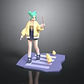 3D Character Model With Green Hair Yellow Jacket Purple Platform And Yellow Ducklings