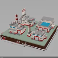 Industrial Factory Building Complex With Red White Chimneys And Pipes