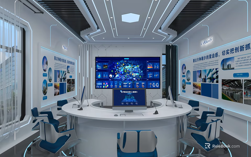 Modern High Tech Control Room Interior With Circular Console Display Screens And Blue Chairs 3d model 