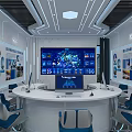 Modern High Tech Control Room Interior With Circular Console Display Screens And Blue Chairs 3d model