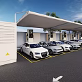 Electric Vehicle Charging Station With Canopy And Row Of Parked White Cars