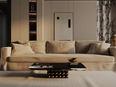 Modern Beige Three Seater Sofa In Living Room With Coffee Table And Curtains 3d model