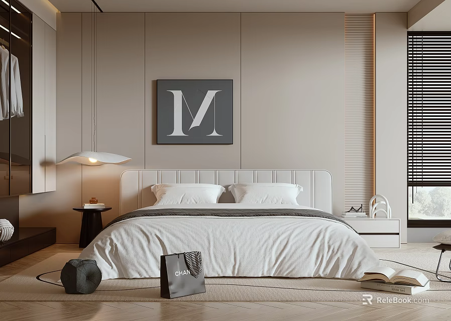 Modern Minimalist Bedroom Interior With Upholstered Headboard Letter M Wall Art And White Bedding 3d model 