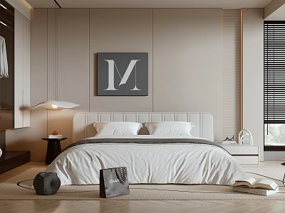 Modern Minimalist Bedroom Interior With Upholstered Headboard Letter M Wall Art And White Bedding 3d model
