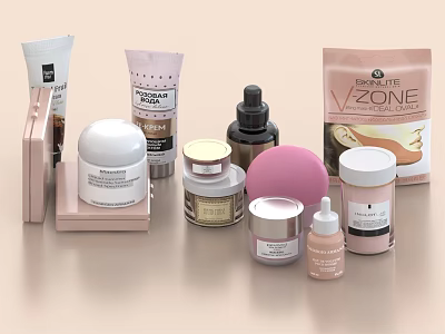 Stylish Perfume And Cosmetics Collection Display With Face Cream Serum Puff Jars Tubes 3d model