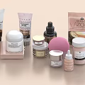 Stylish Perfume And Cosmetics Collection Display With Face Cream Serum Puff Jars Tubes