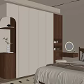 Modern Beige Wooden Wardrobe With Display Shelf And Dressing Table In Bedroom Interior
