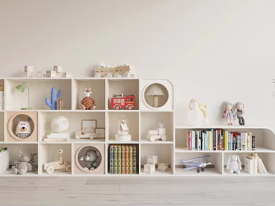 Modern Open Bookshelf With Compartments Holding Books Toys Photo Frames And Decor 3d model