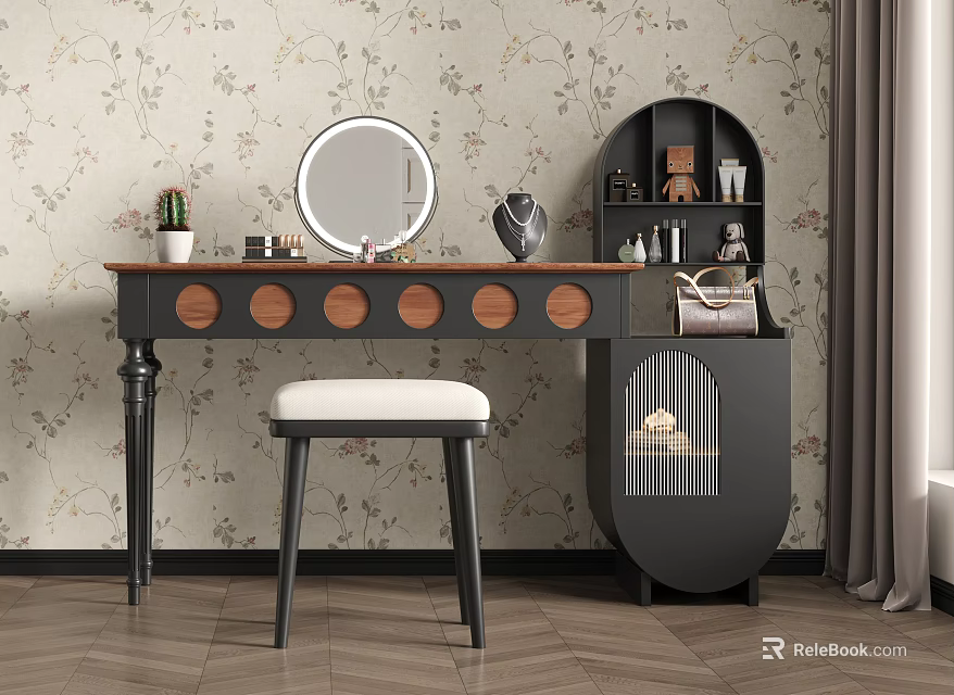 Stylish Dressing Table With Round Mirror Wooden Top Stool And Floral Wallpaper 3d model 