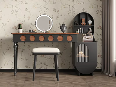 Stylish Dressing Table With Round Mirror Wooden Top Stool And Floral Wallpaper 3d model