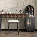 Stylish Dressing Table With Round Mirror Wooden Top Stool And Floral Wallpaper
