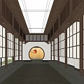 Elegant Clubhouse Interior With Wooden Lattice Windows Spacious Corridor Ceiling Beams And Elevator