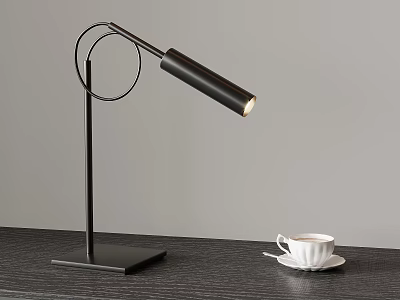 Minimalist Black Desk Lamp With White Coffee Cup On Wooden Table 3d model